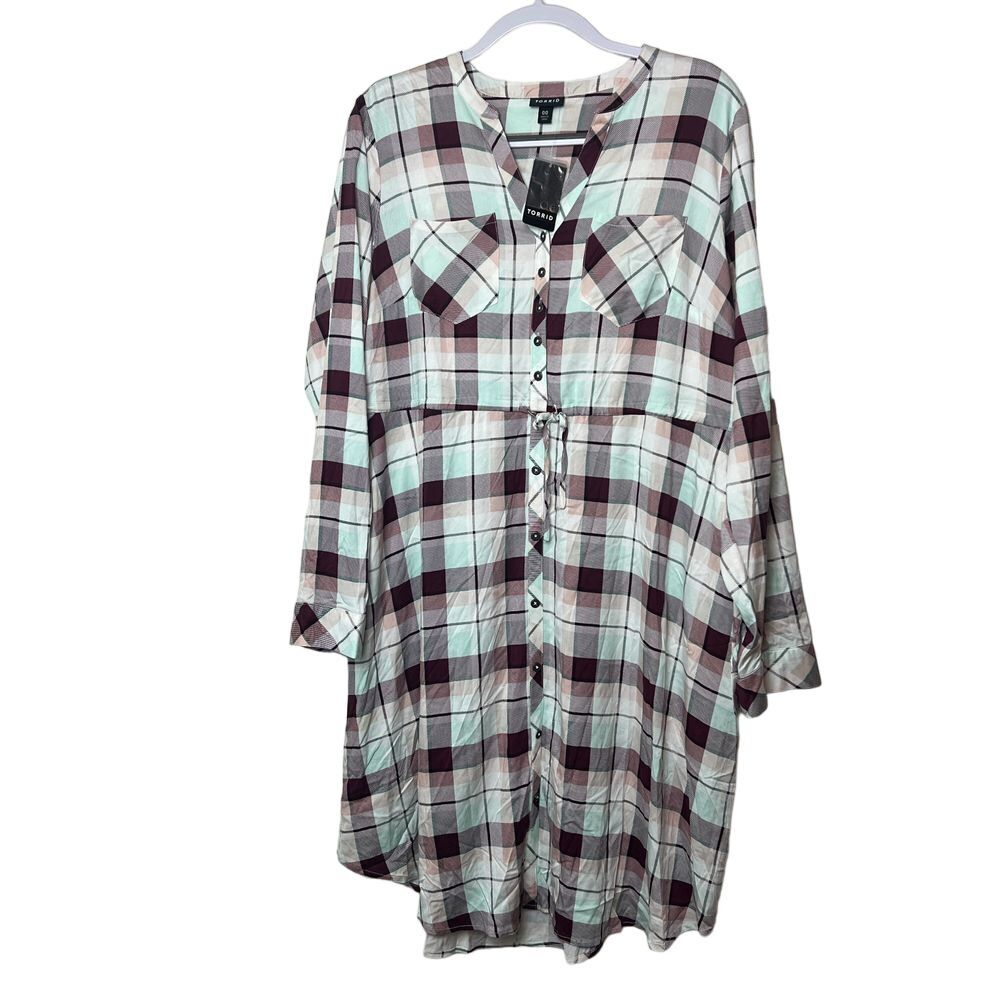 Torrid Size 00 Mini Challis Button Front Shirt Dress‎ Plaid Ivory Fall Casual